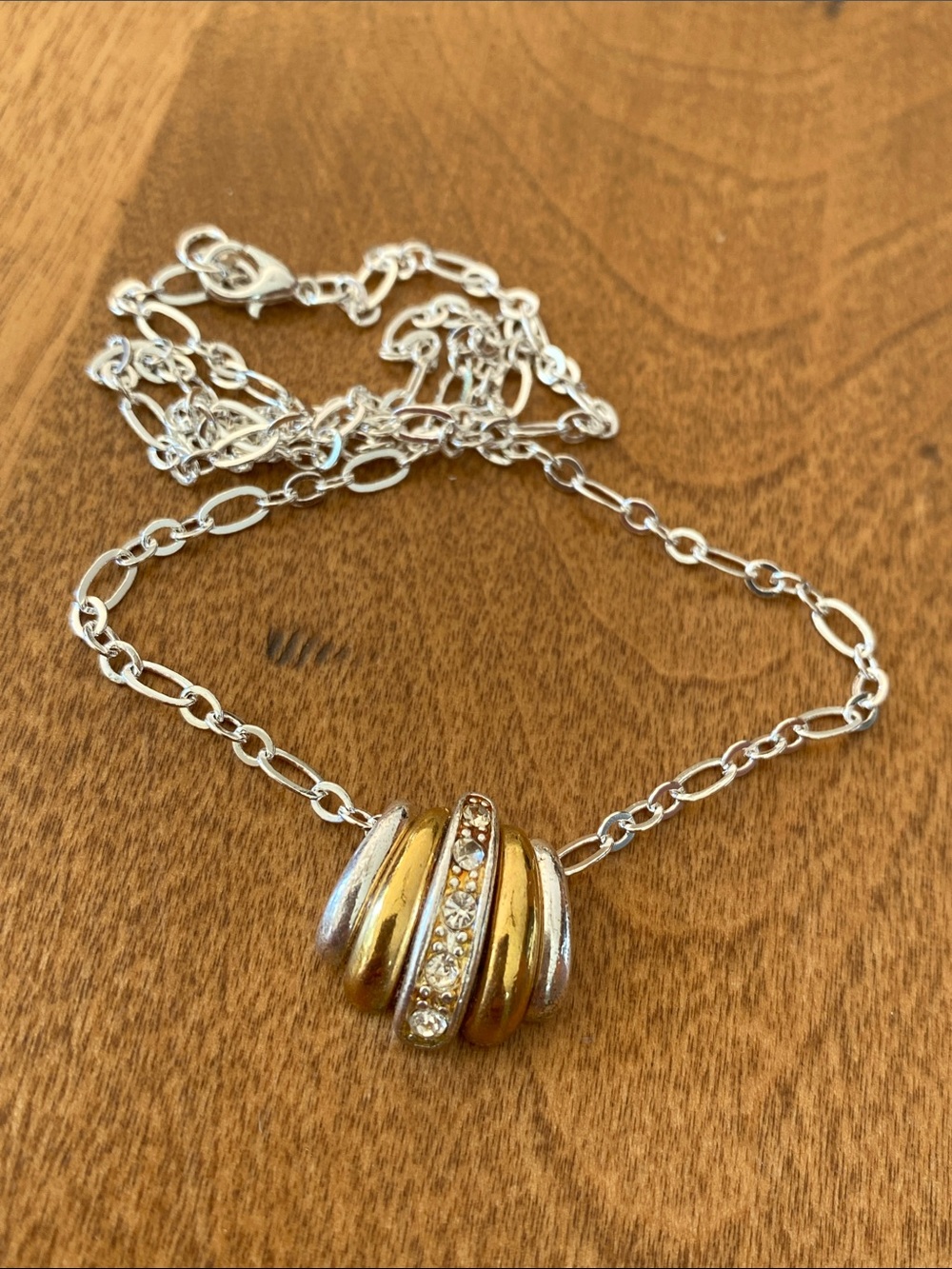 Elegant Two-Tone Gold & Silver Pendant Necklace with Crystal Accent